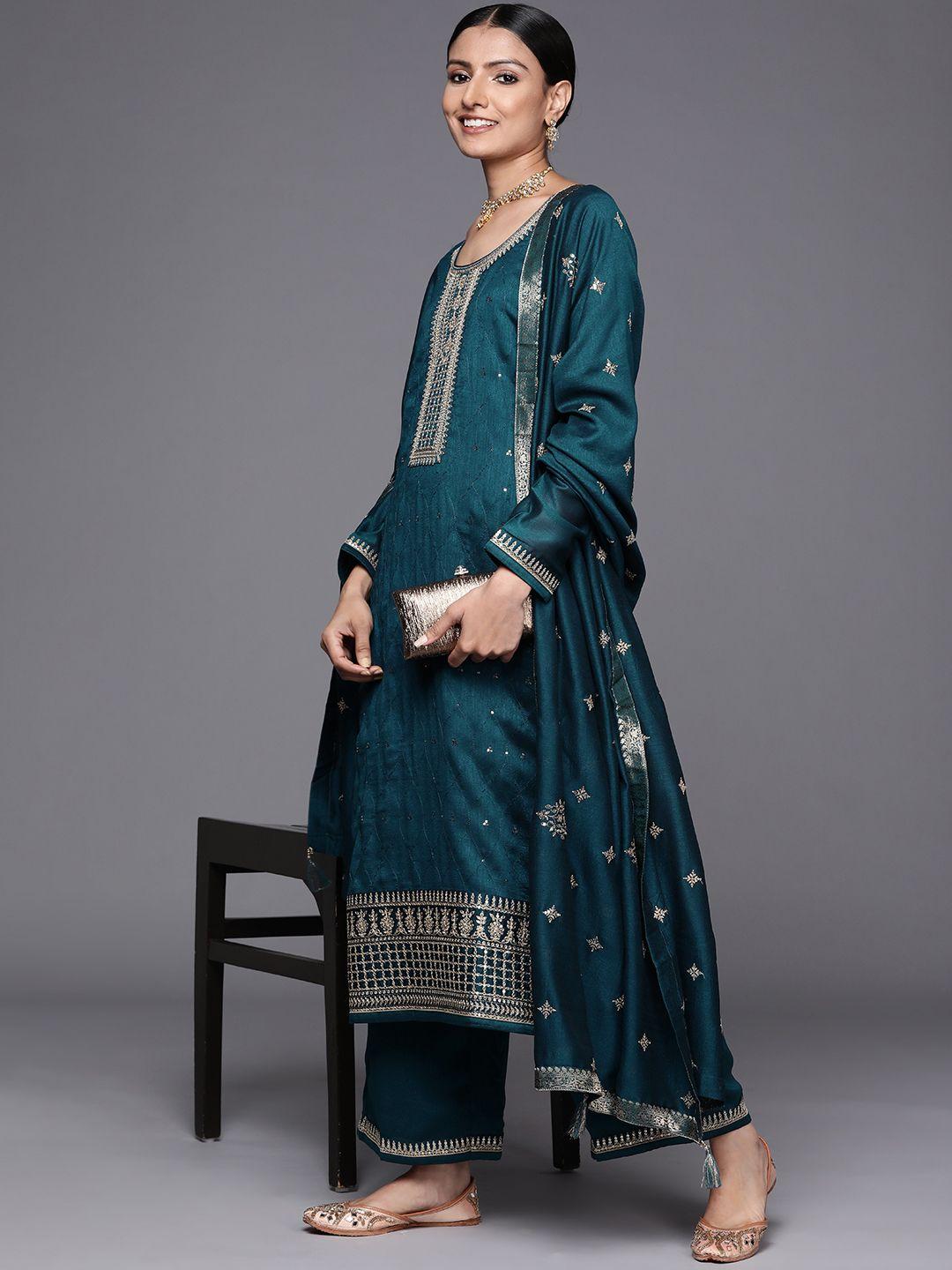 libas women teal floral embroidered kurta with palazzos & dupatta