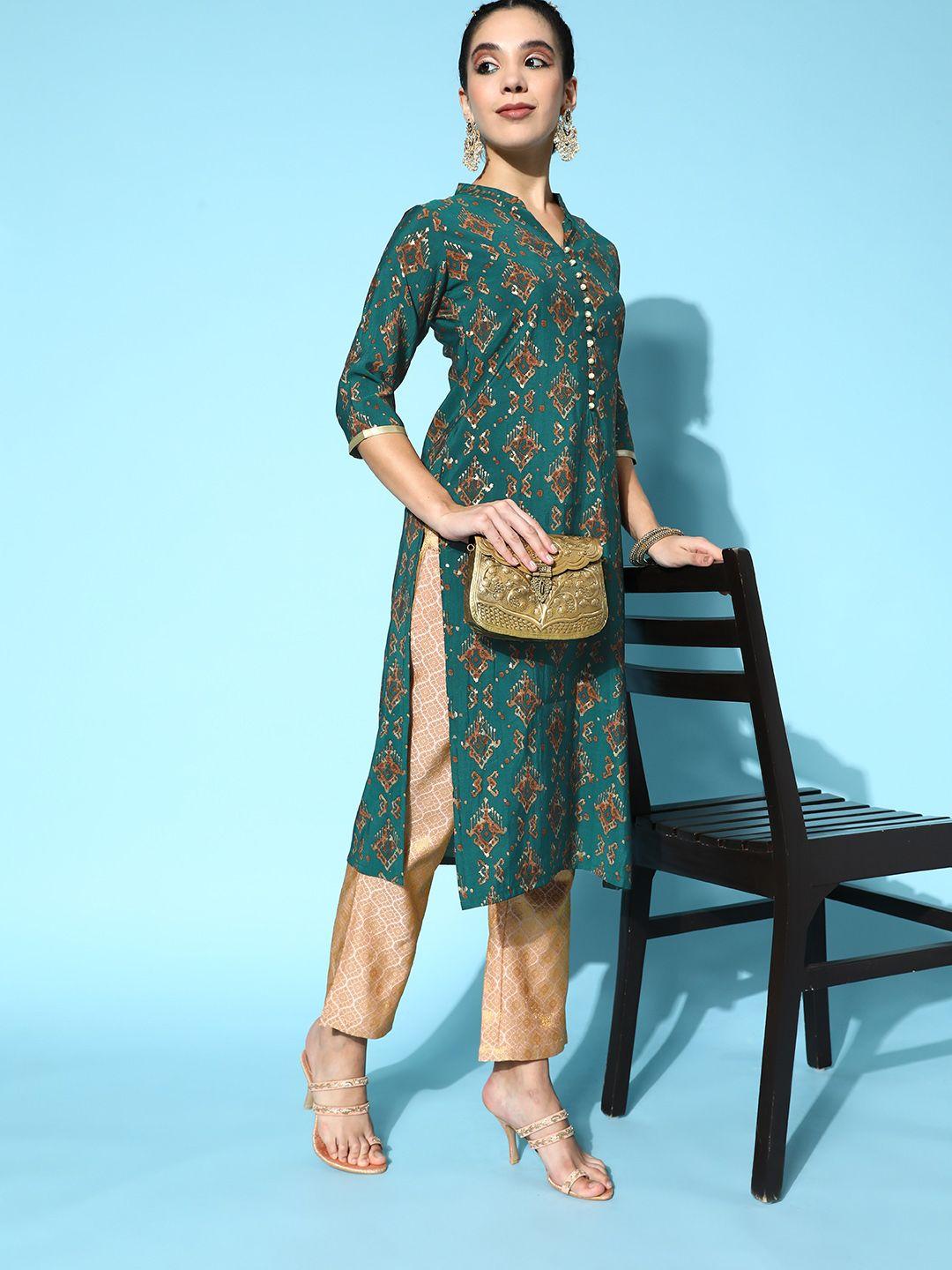 libas women teal green & brown ethnic motifs printed kurta