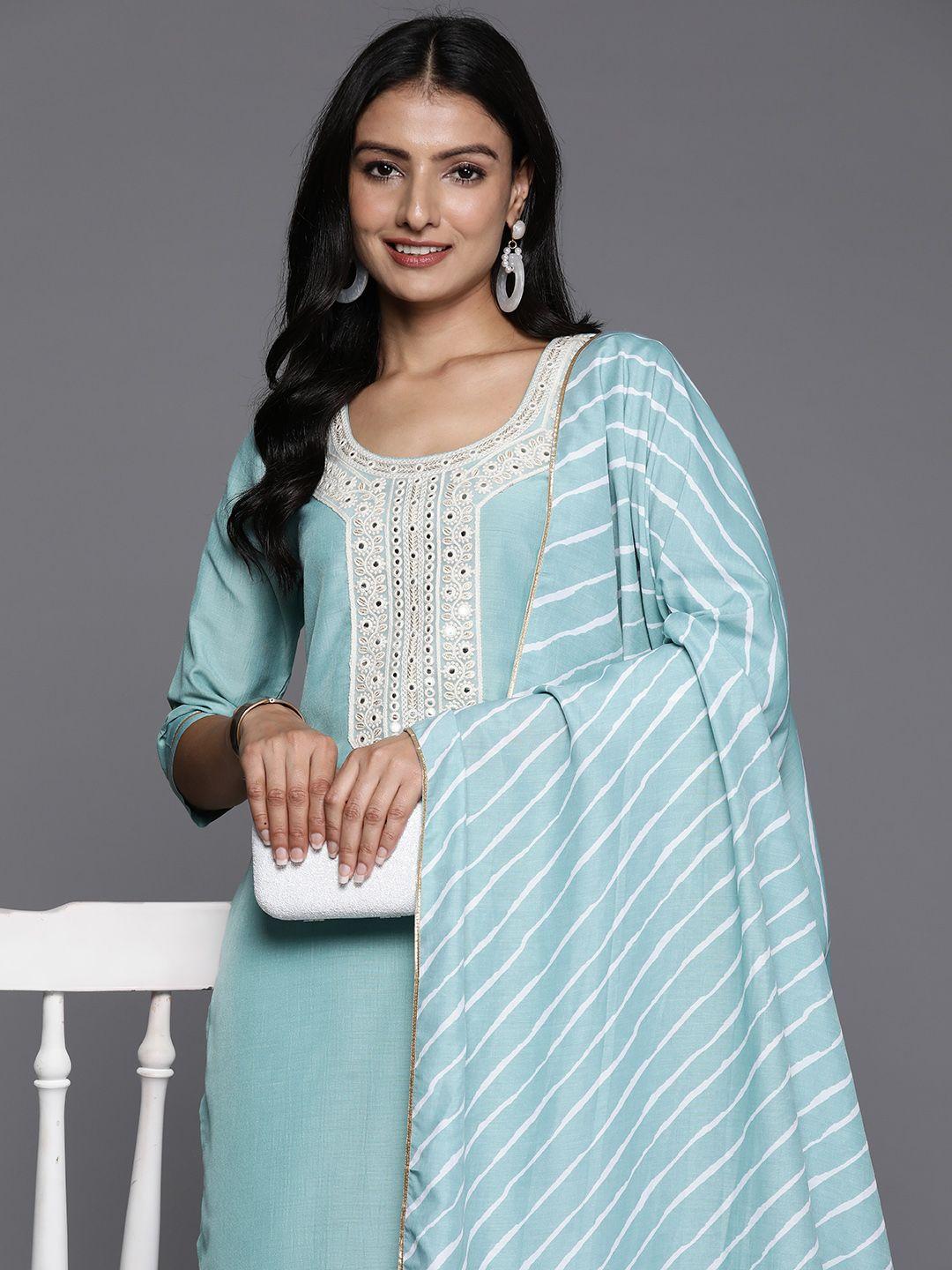 libas women turquoise blue floral yoke design regular gotta patti kurta with trousers & with dupatta