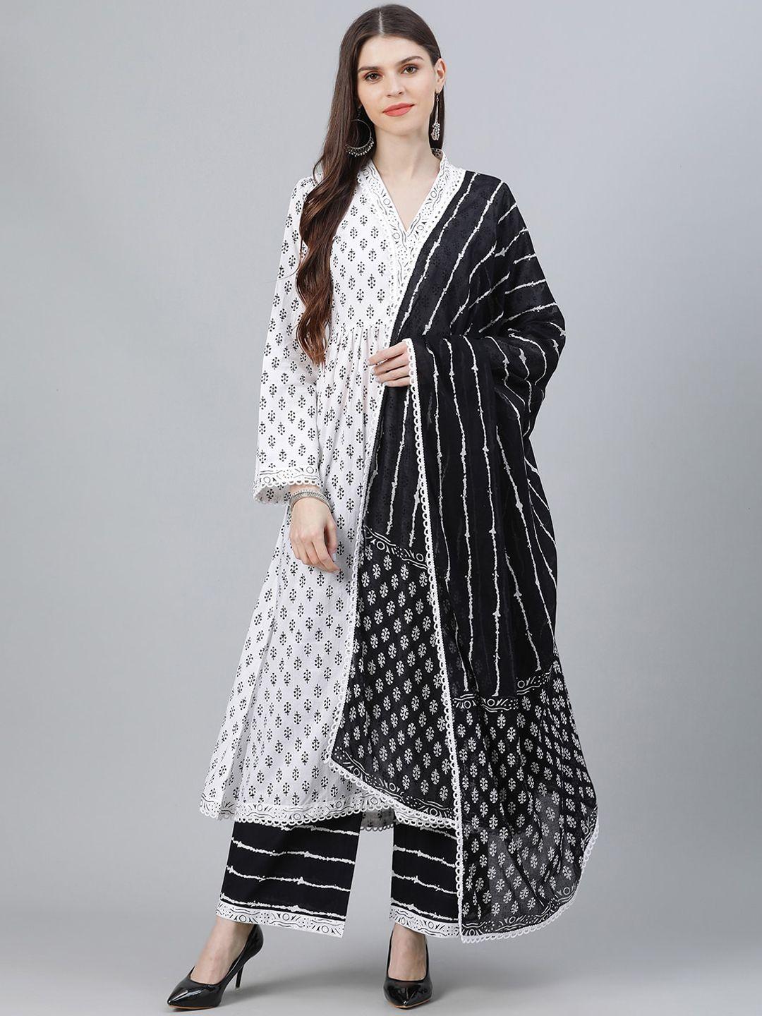 libas women white & black printed cotton kurta with palazzos & dupatta