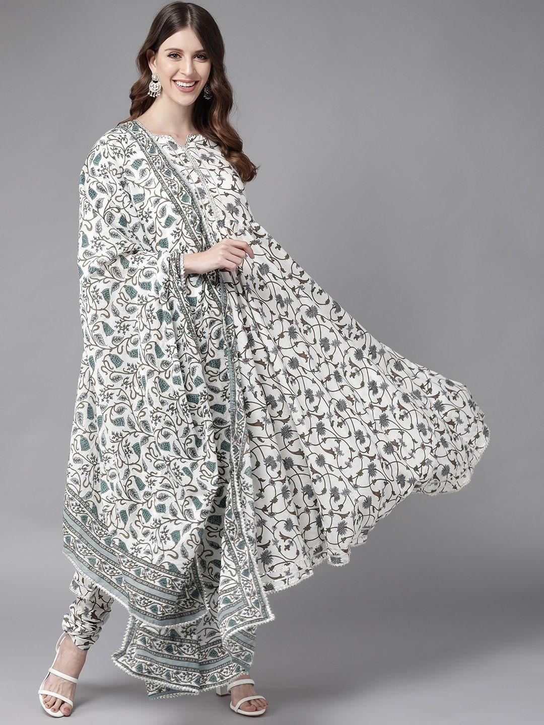 libas women white & grey ethnic printed pure cotton kurta with churidar & with dupatta