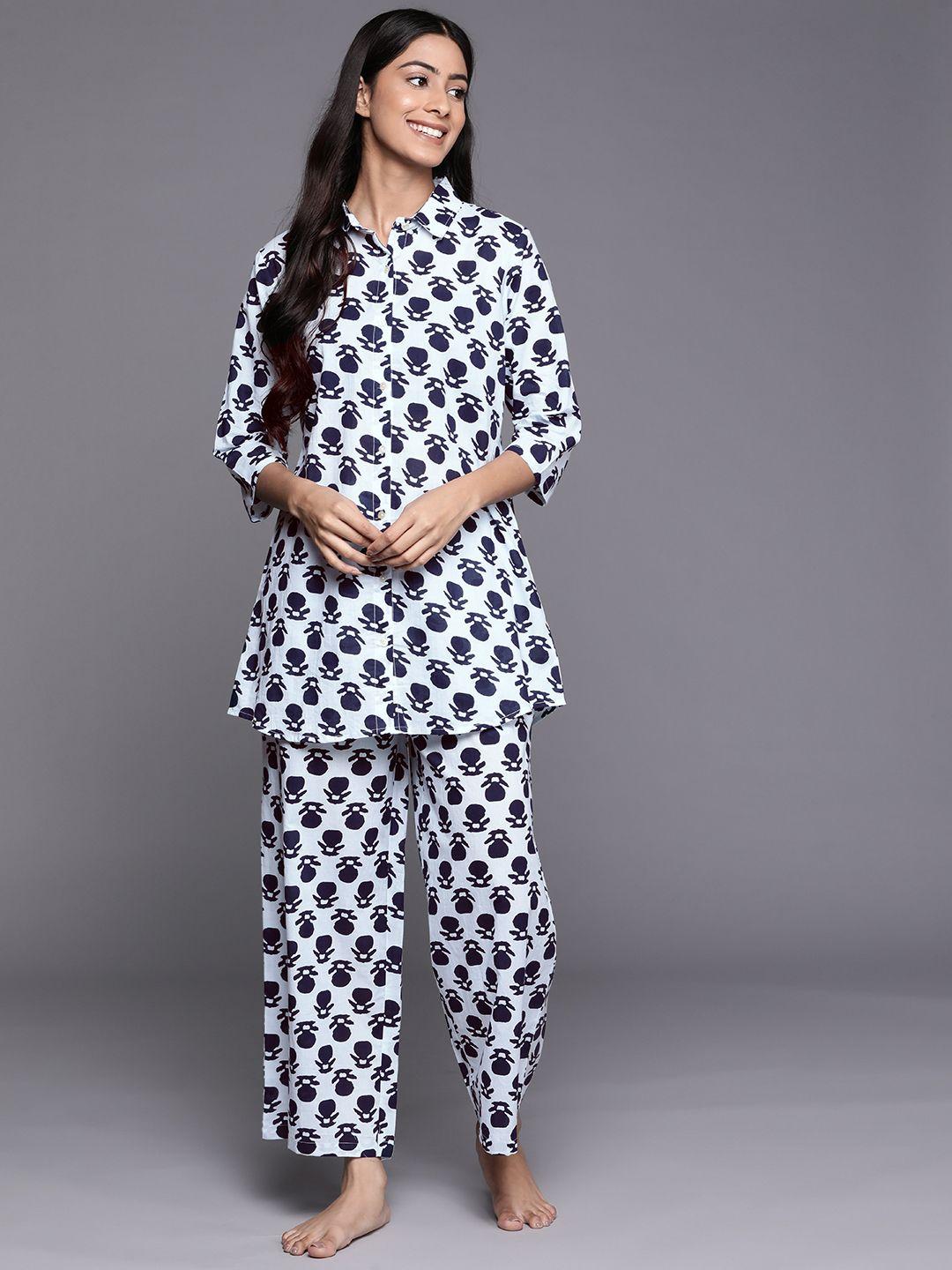 libas women white & navy blue printed pure cotton night suit