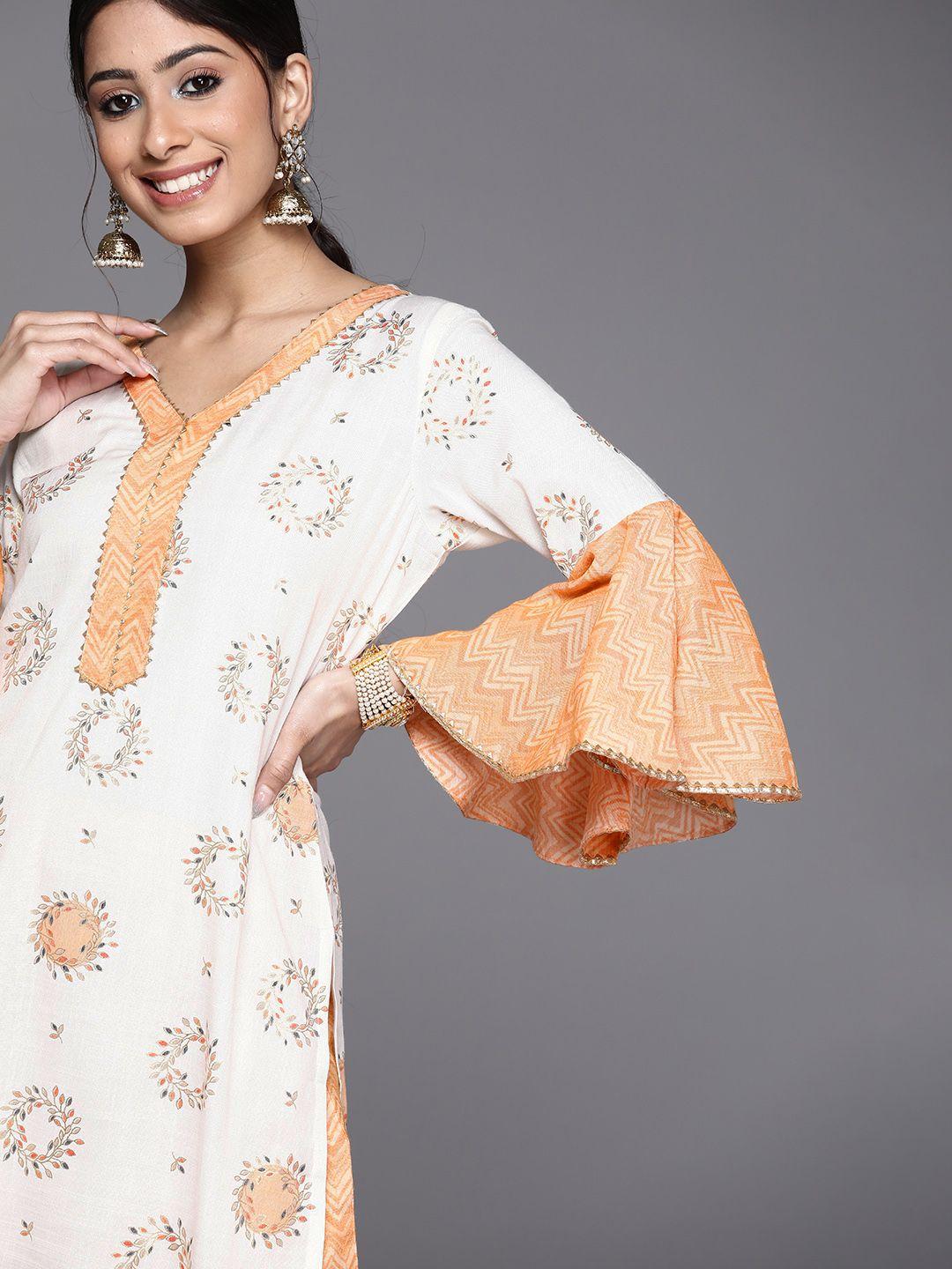 libas women white & orange ethnic motifs printed bell sleeves gotta patti kurta