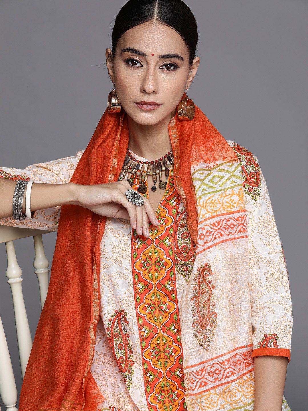 libas women white & orange printed pure cotton kurta with palazzos &  dupatta