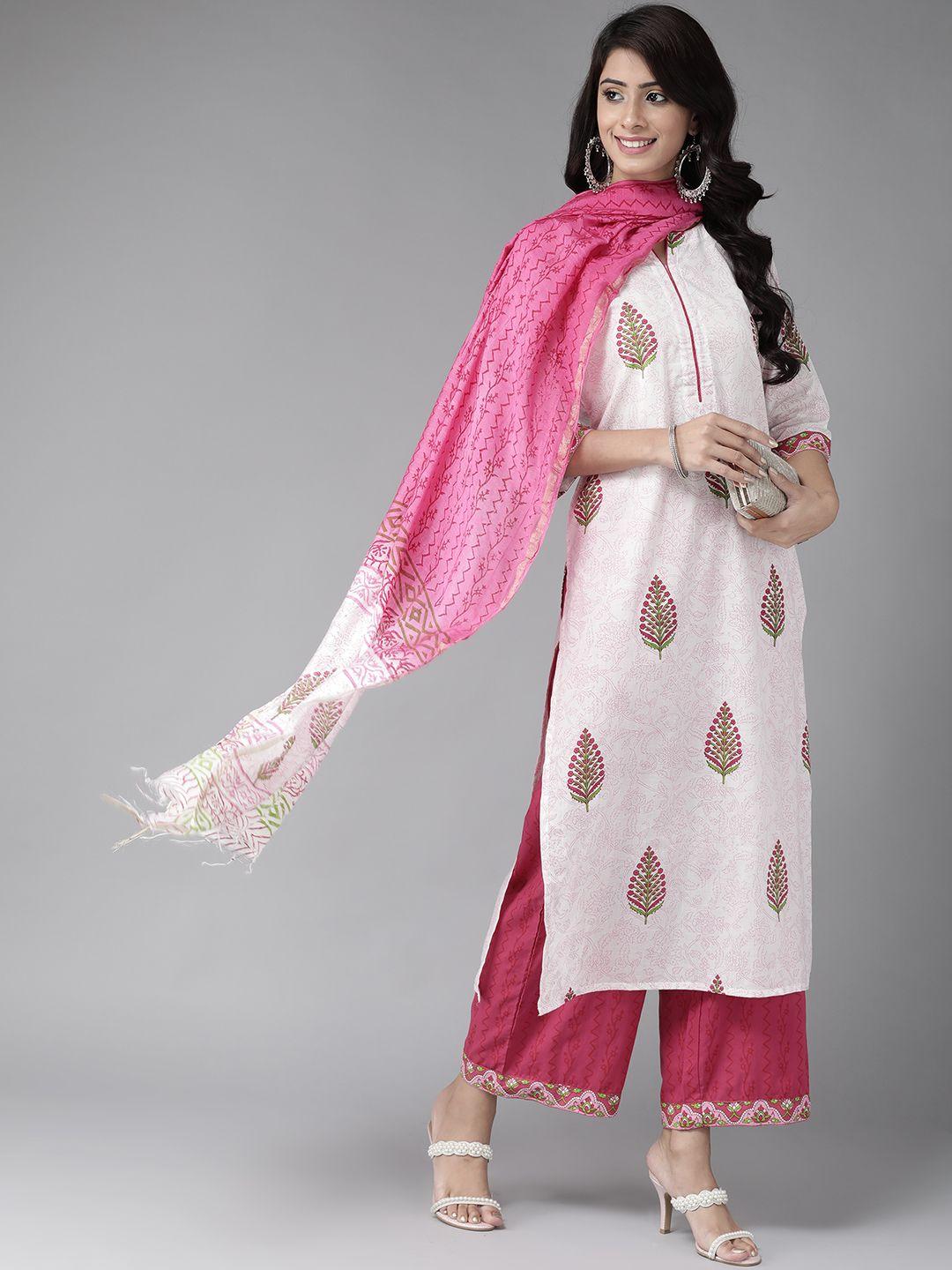libas women white & pink ethnic print pure cotton kurta with palazzos & with dupatta