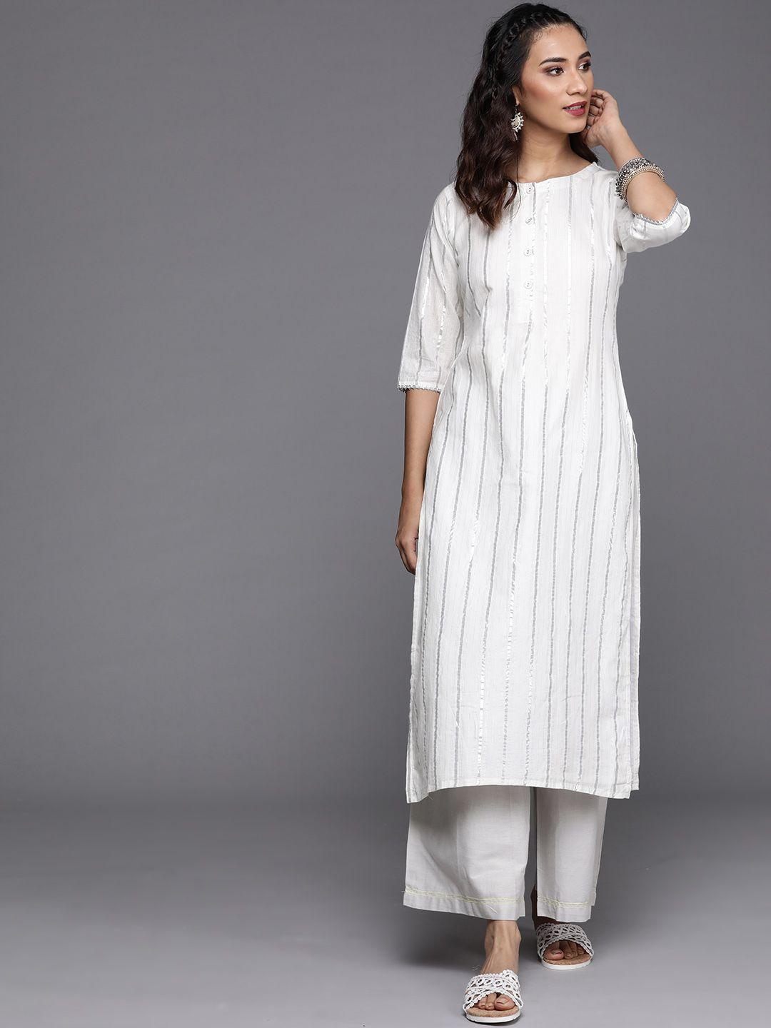 libas women white & silver striped kurta