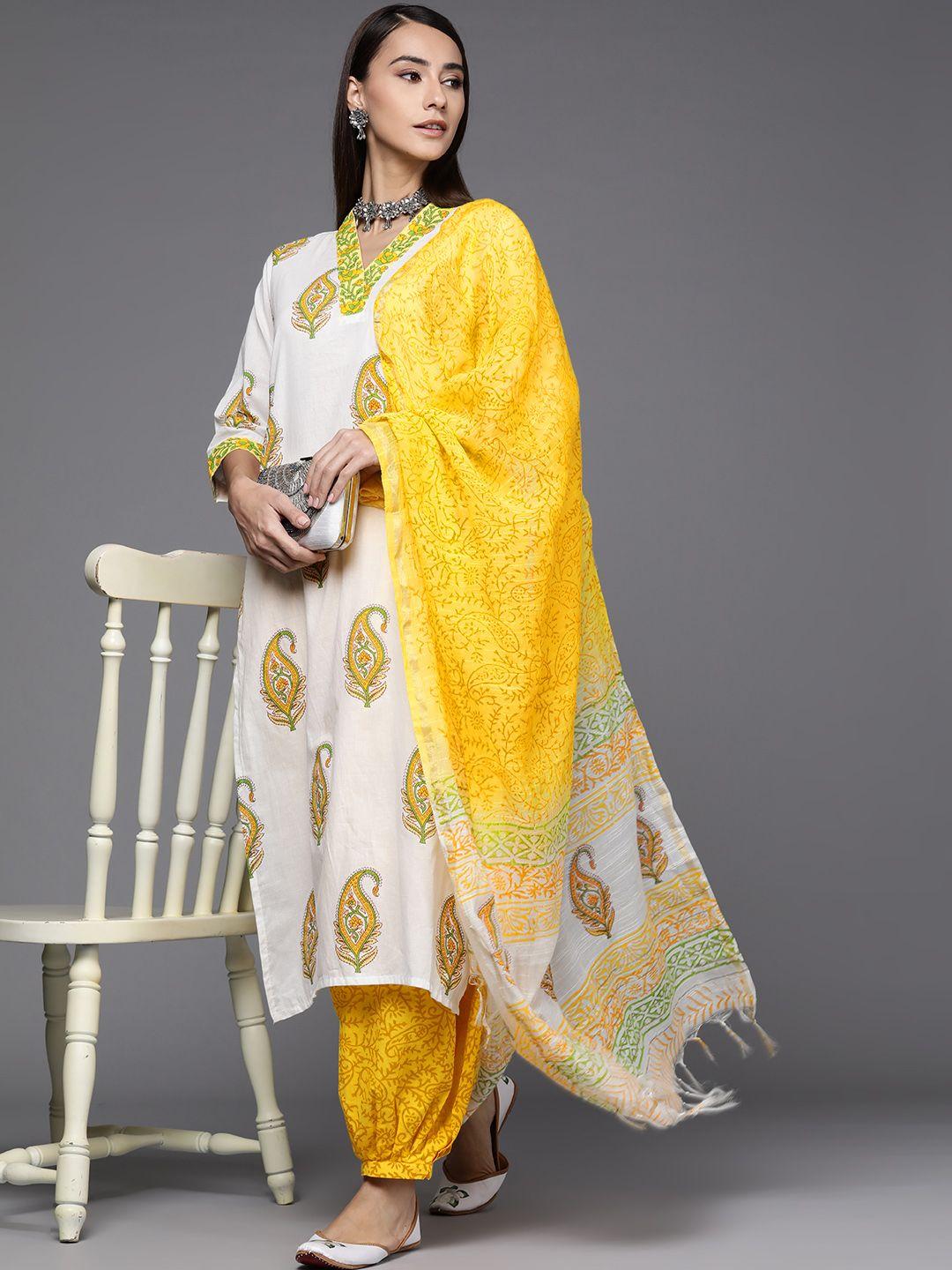 libas women white & yellow printed pure cotton kurta with salwar & dupatta