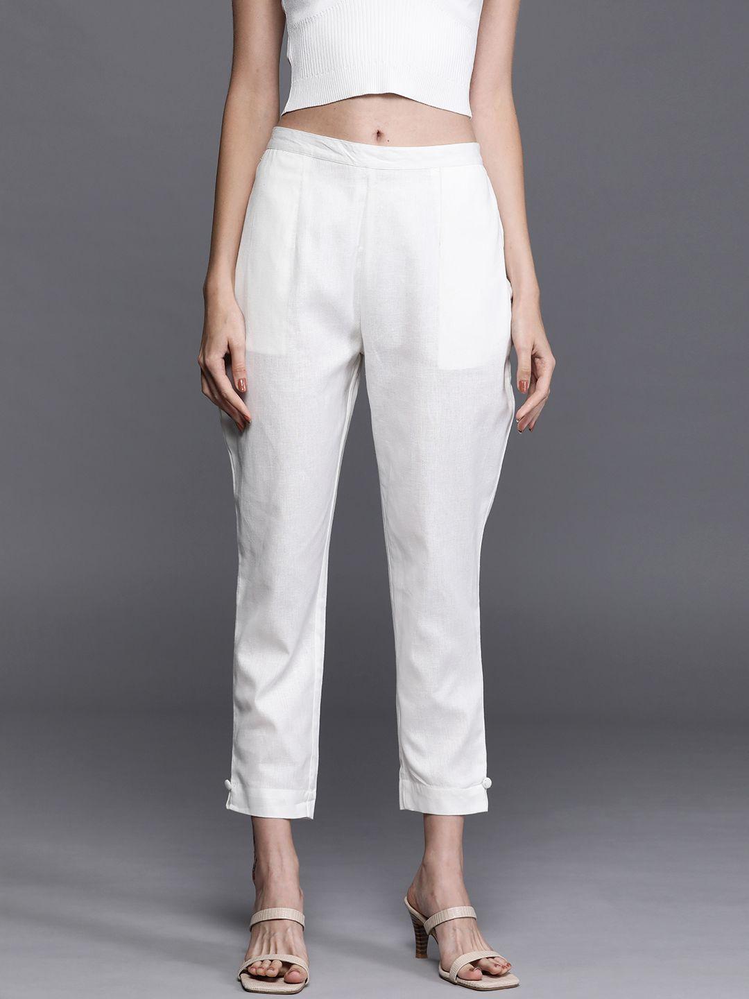 libas women white cotton solid cropped trousers