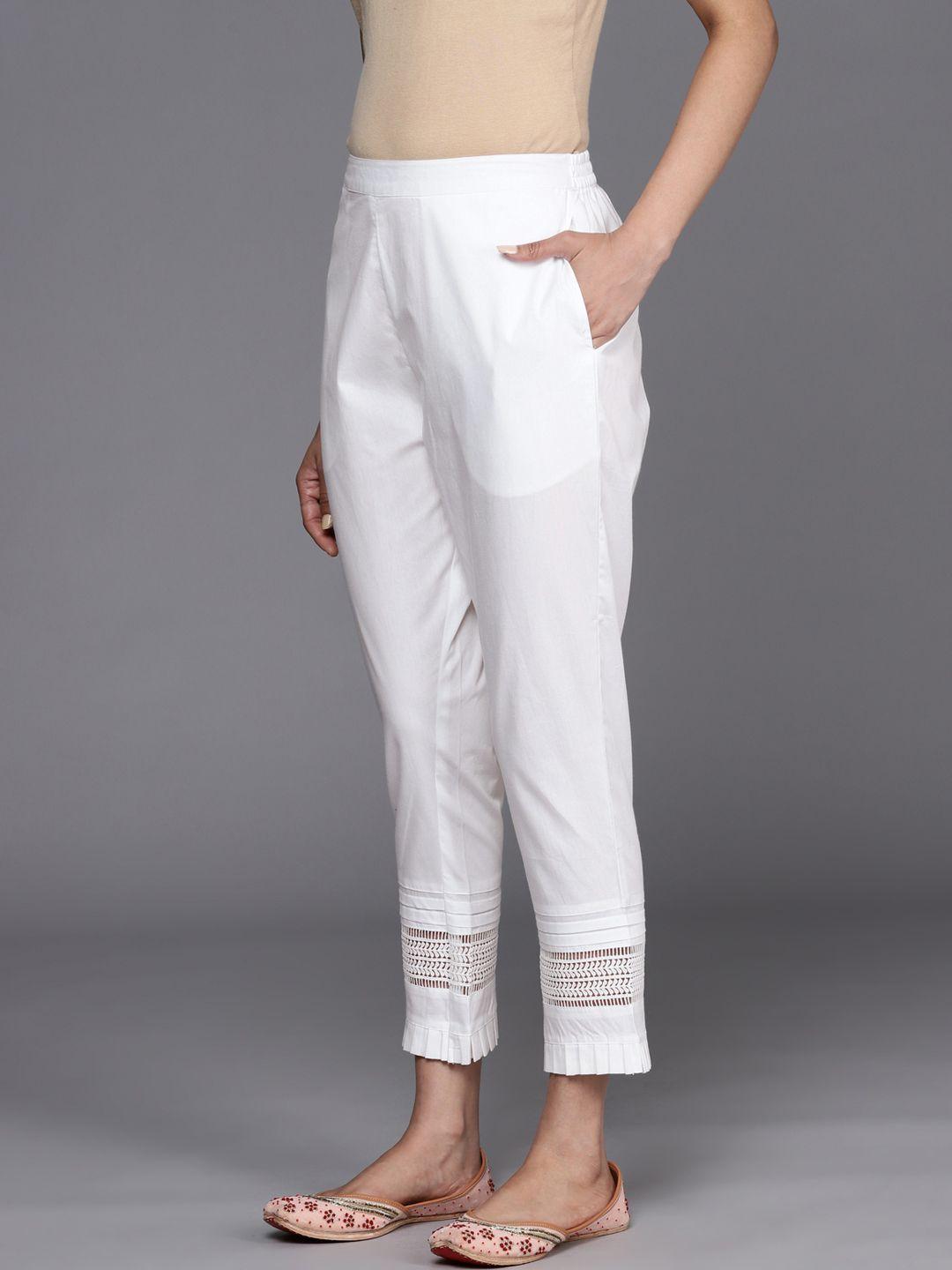 libas women white straight fit pure cotton trousers