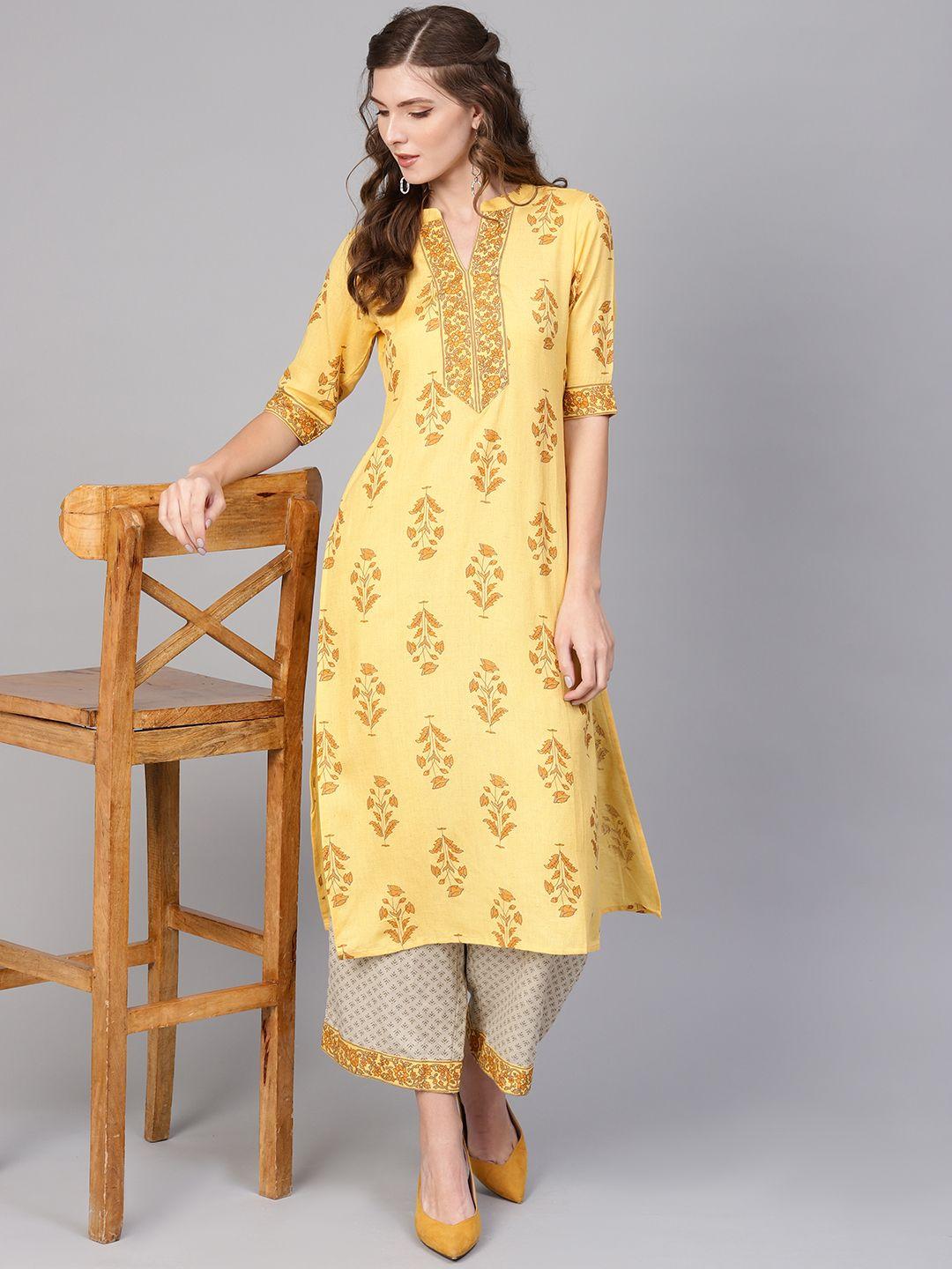 libas women yellow & beige printed kurta with palazzos