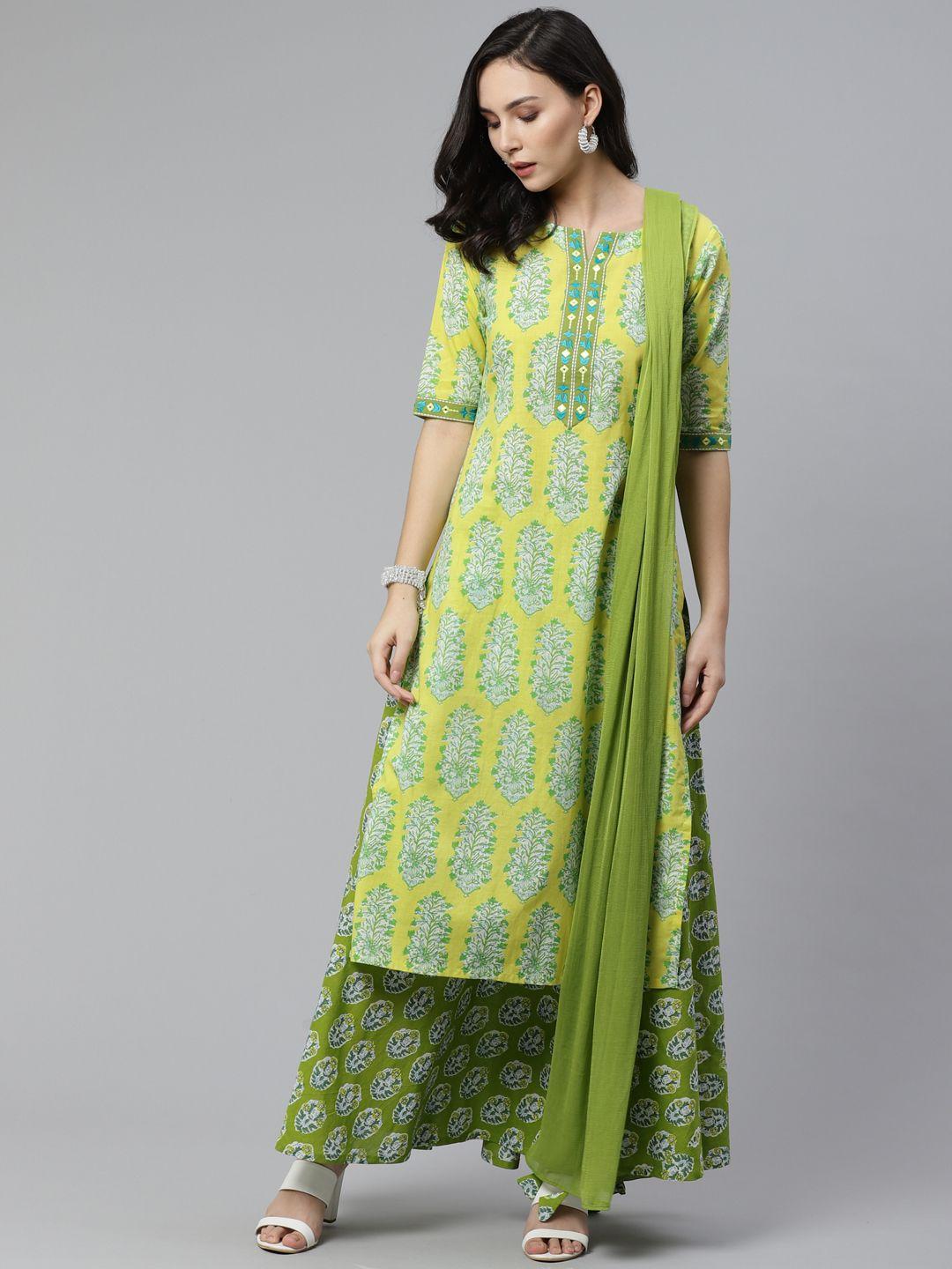 libas women yellow & green printed kurta with skirt & dupatta