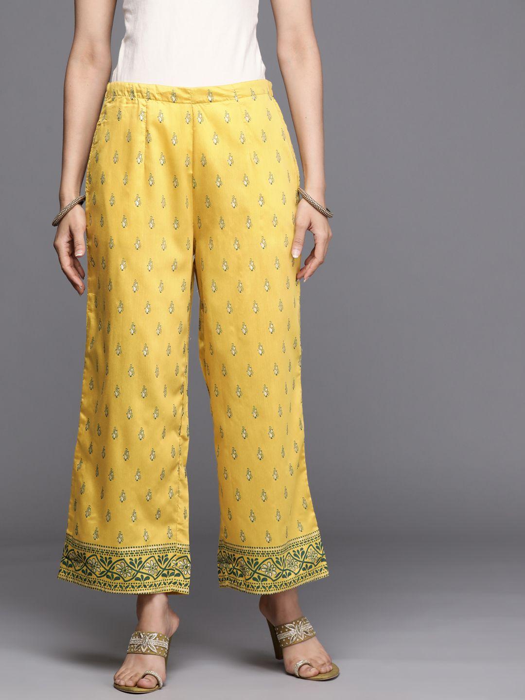 libas women yellow & navy blue ethnic motifs printed wide leg palazzos