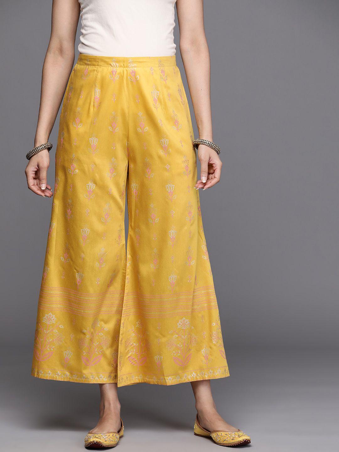 libas women yellow ethnic motifs printed wide leg palazzos