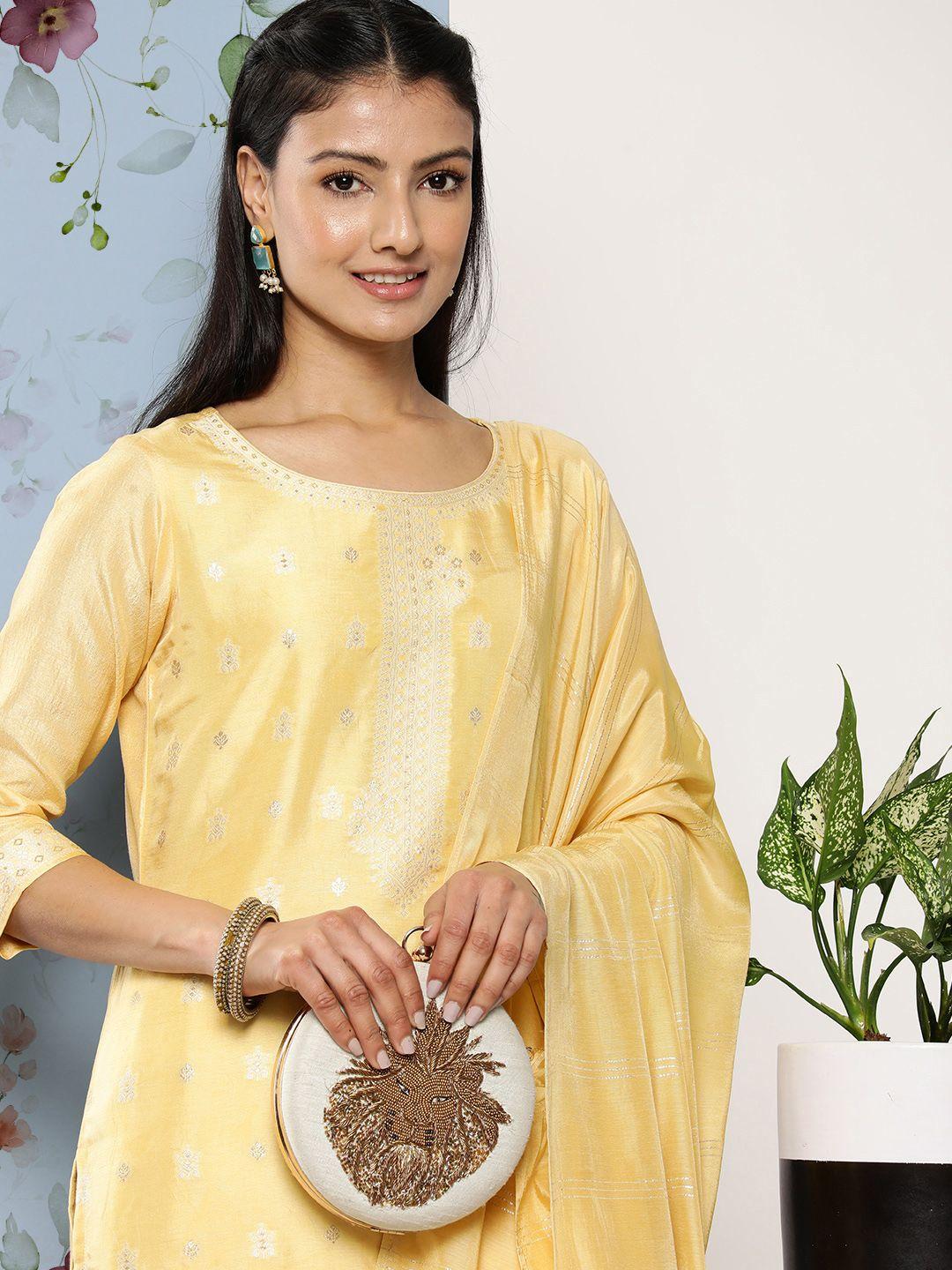 libas women yellow floral kurta with trousers & with dupatta