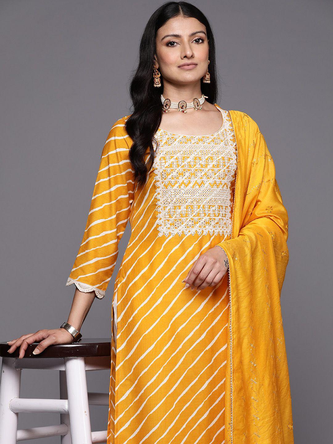 libas women yellow leheriya yoke design thread work kurta with trousers & with dupatta