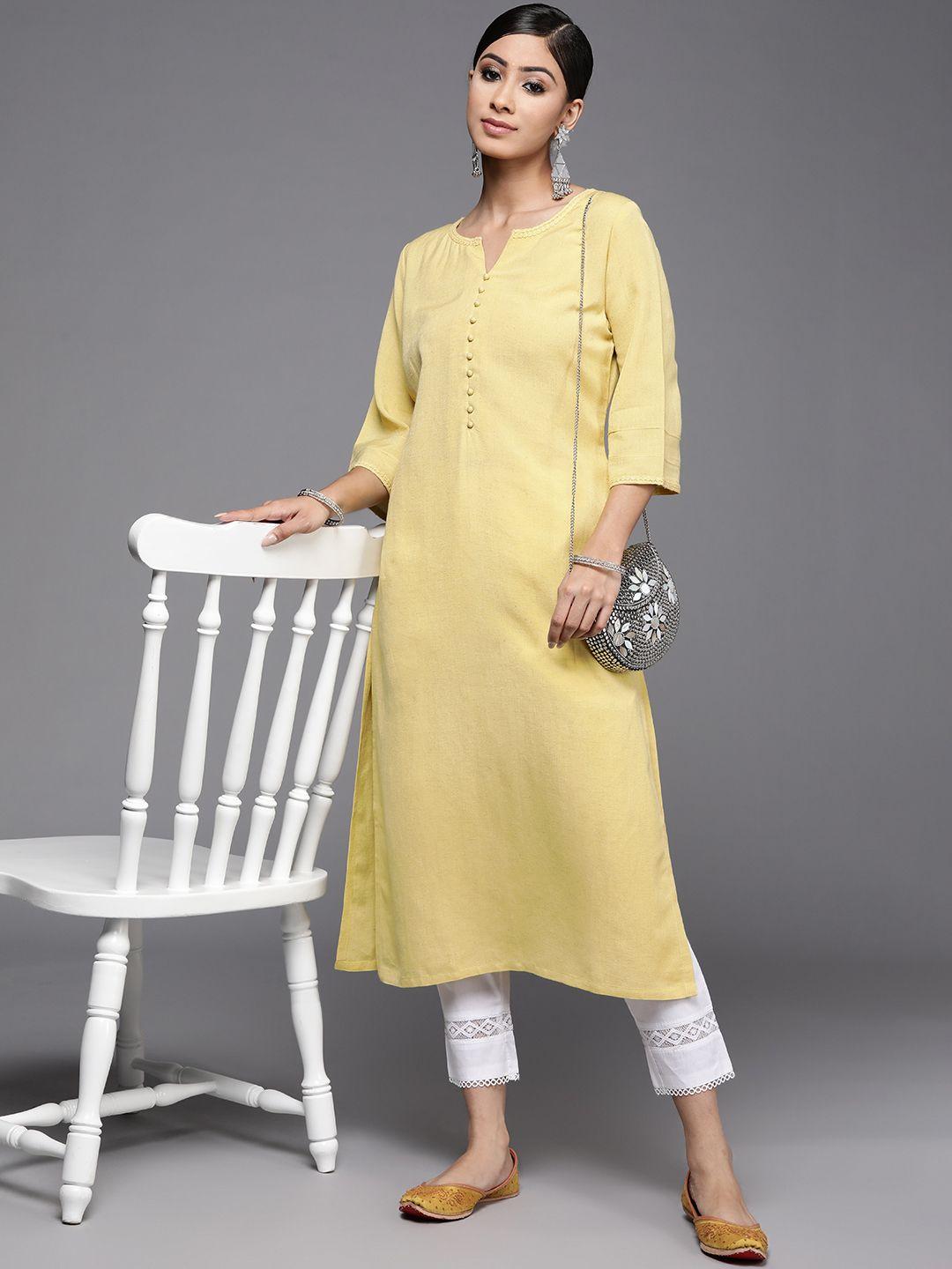 libas women yellow pastel straight kurta with one side pocket