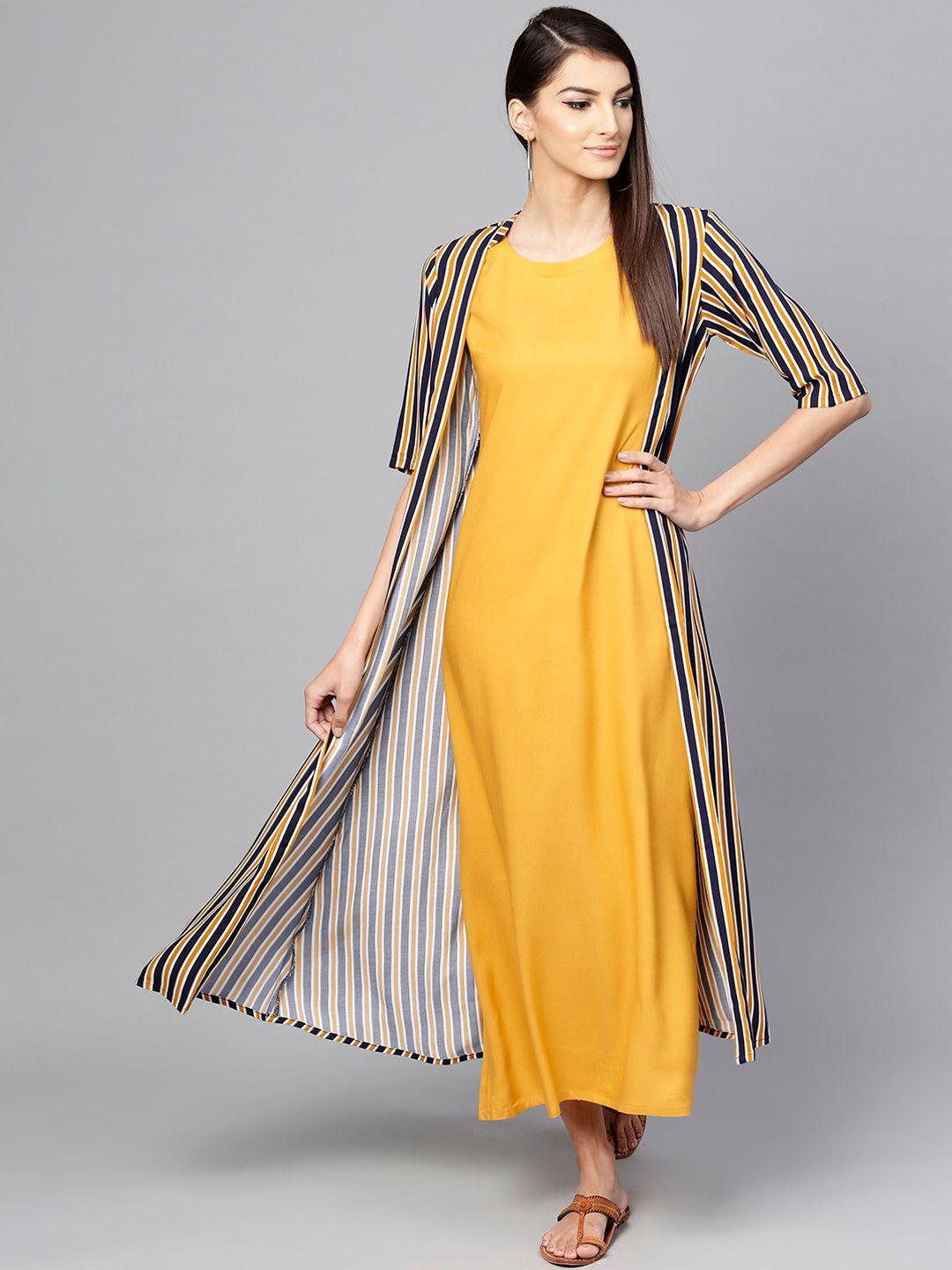 libas yellow & black layered maxi dress with ethnic long shrug