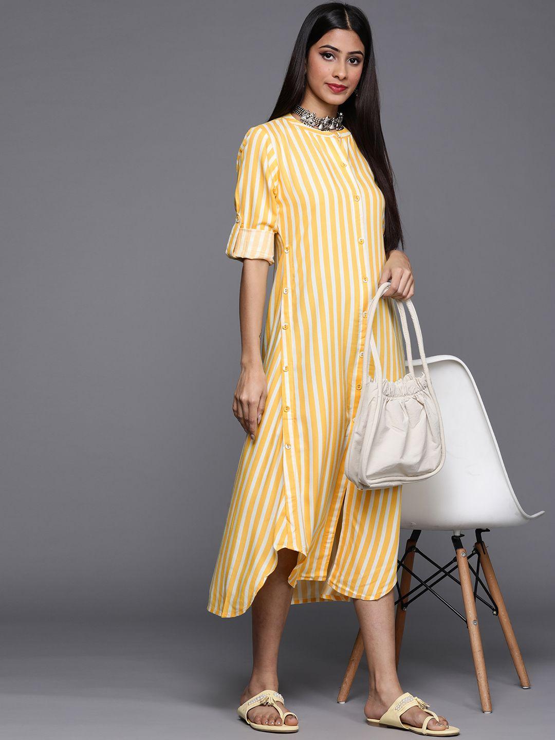 libas yellow & white striped midi a-line dress