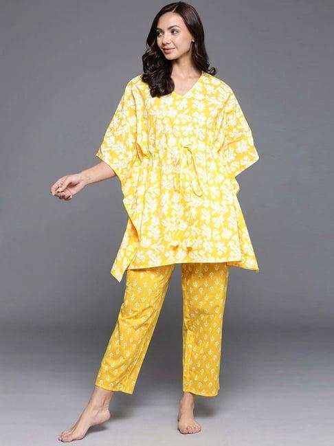 libas yellow cotton printed kaftan & pyjama set