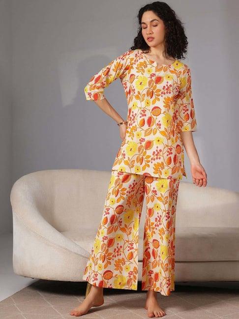 libas yellow cotton printed tunic and pyjamas set