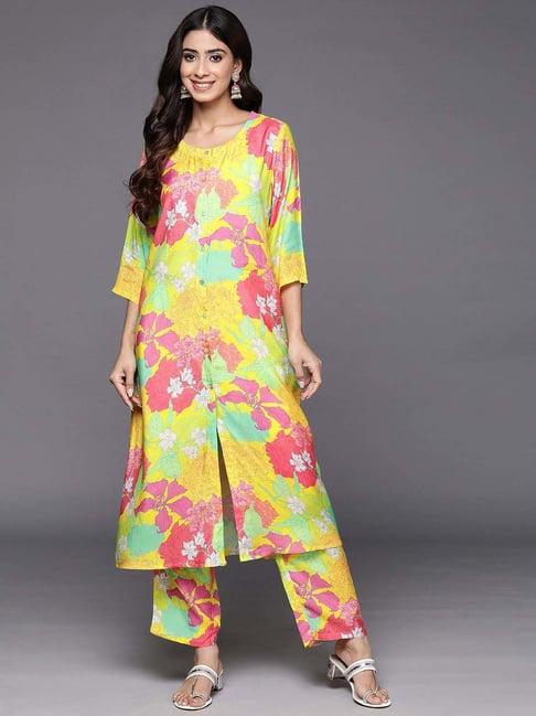 libas yellow printed cotton blend co-ords