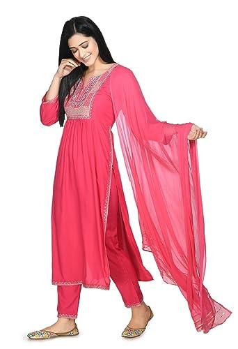 liboza - pink kurti pant suit set : a-line nyra cut design with dupatta, luxurious rayon fabric - dresses for wedding ladies & girls, ethnic dress special stitched readymade