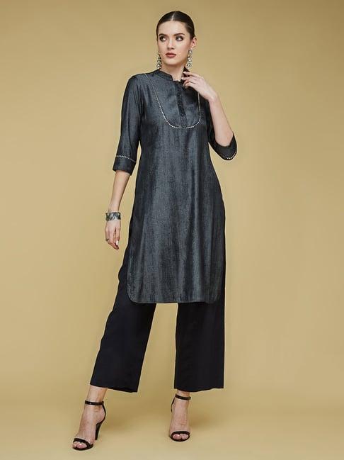 life with pockets black textured kurta