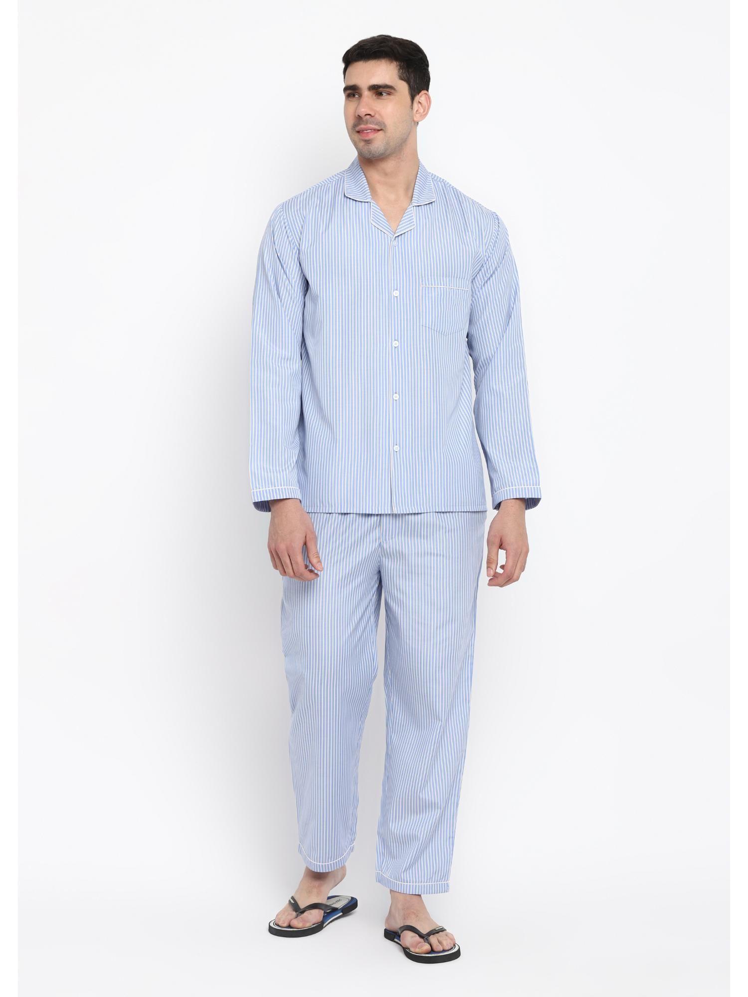 light blue and white stripes long sleeve pure cotton night suit (set of 2)