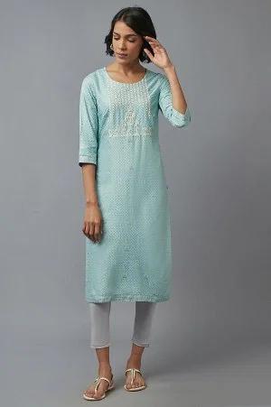 light blue floral print kurta in round neck with dori embroidery