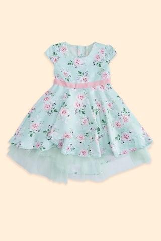 light blue floral printed casual cap sleeves round neck girls regular fit frock