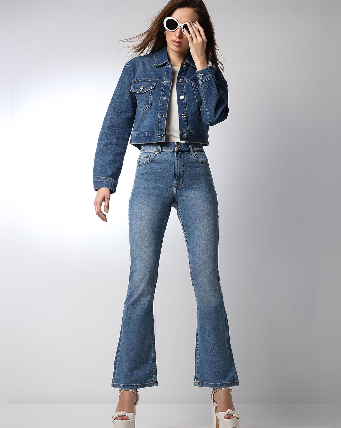 light blue high rise flared jeans
