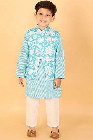 light blue kurta set with bundi jacket for boys