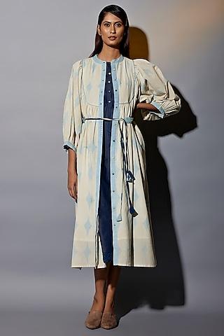 light blue natural dyed cotton blend & denim handblock printed jacket dress