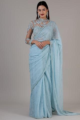 light blue polyester saree set