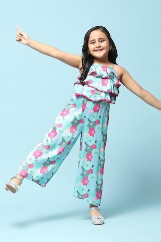 light blue print ankle-length casual girls straight fit jumpsuit