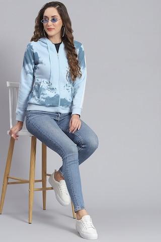 light blue print casual full sleeves regular hood women regular fit sweatshirt