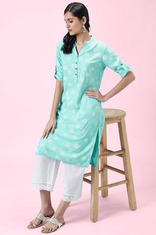 light blue print casual mandarin 3/4th sleeves knee length women regular fit kurta