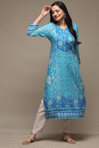 light blue print casual round neck 3/4th sleeves women straight fit kurta