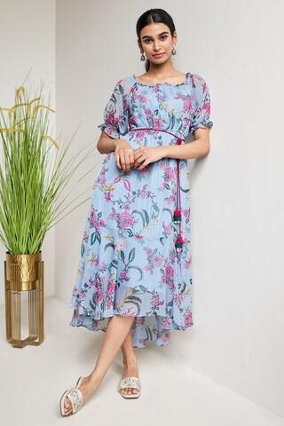 light blue print square neck casual calf-length half sleeves women flared fit dress