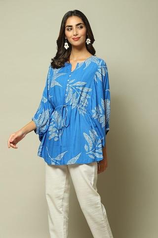 light blue printed casual 3/4th sleeves mandarin women straight fit top