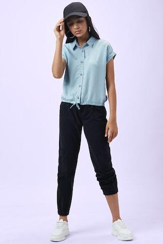 light blue solid casual short sleeves regular collar girls regular fit blouse