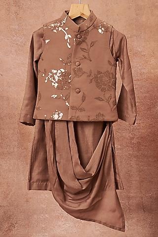 light brown georgette bundi jacket with kurta set for boys