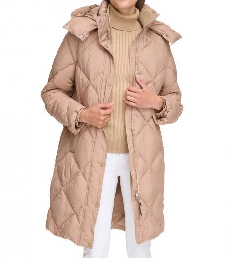 light brown quilted hooded puffer jacket
