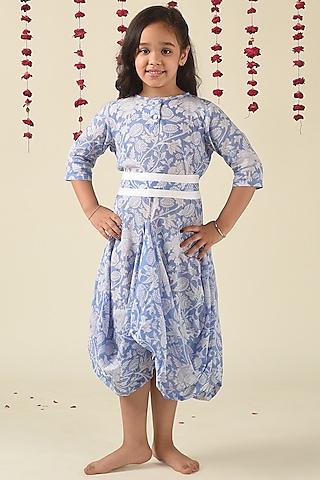 light cobalt blue floral printed cowl dress for girls