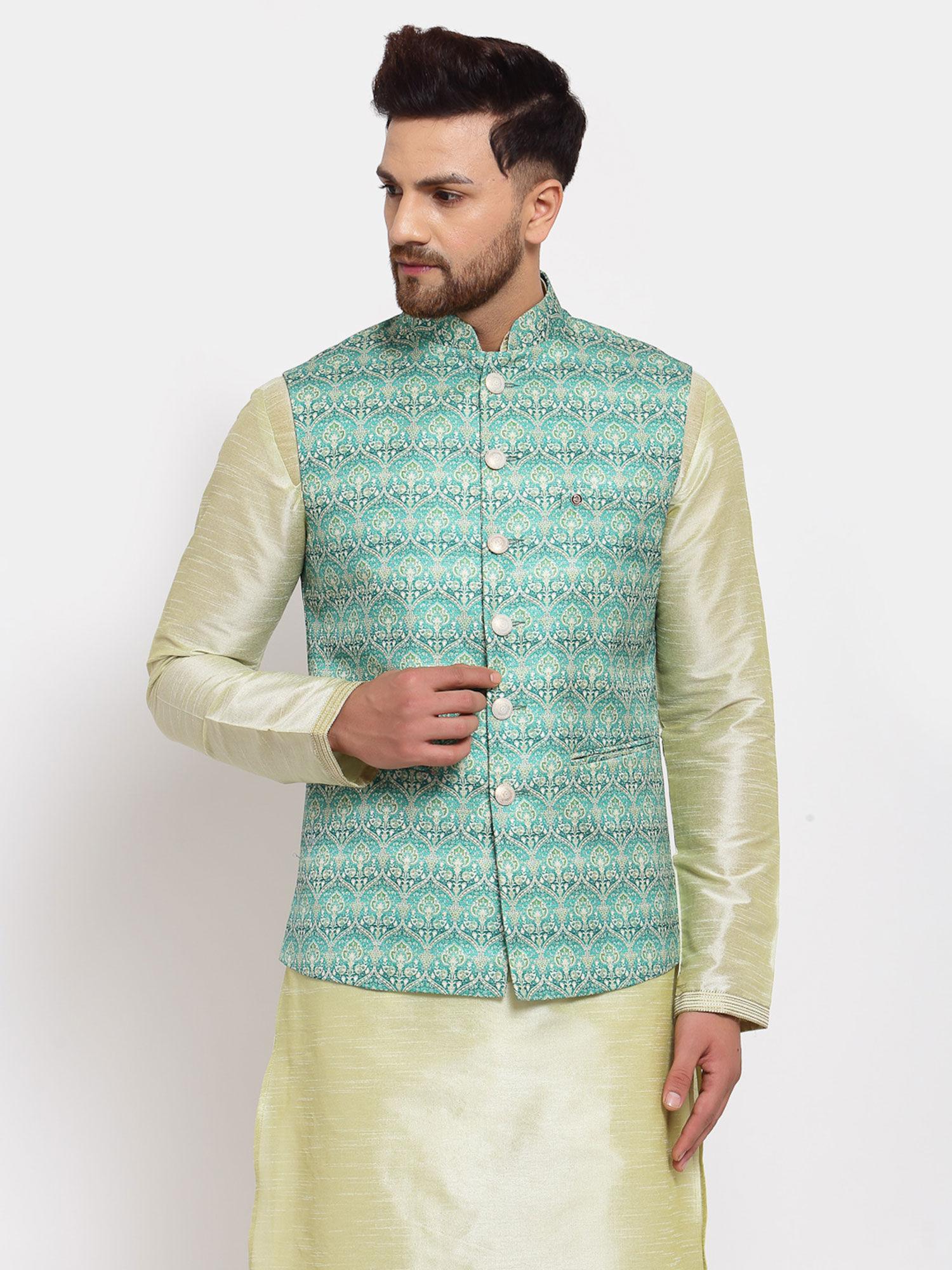 light green art silk printed nehru jacket