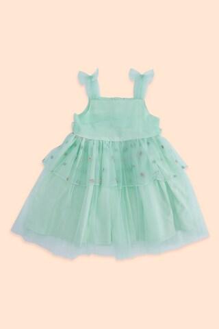 light green embellished casual sleeveless strappy neck girls regular fit frock