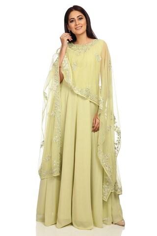 light green embroidered round neck ethnic sleeveless women anarkali fit dress with scarf