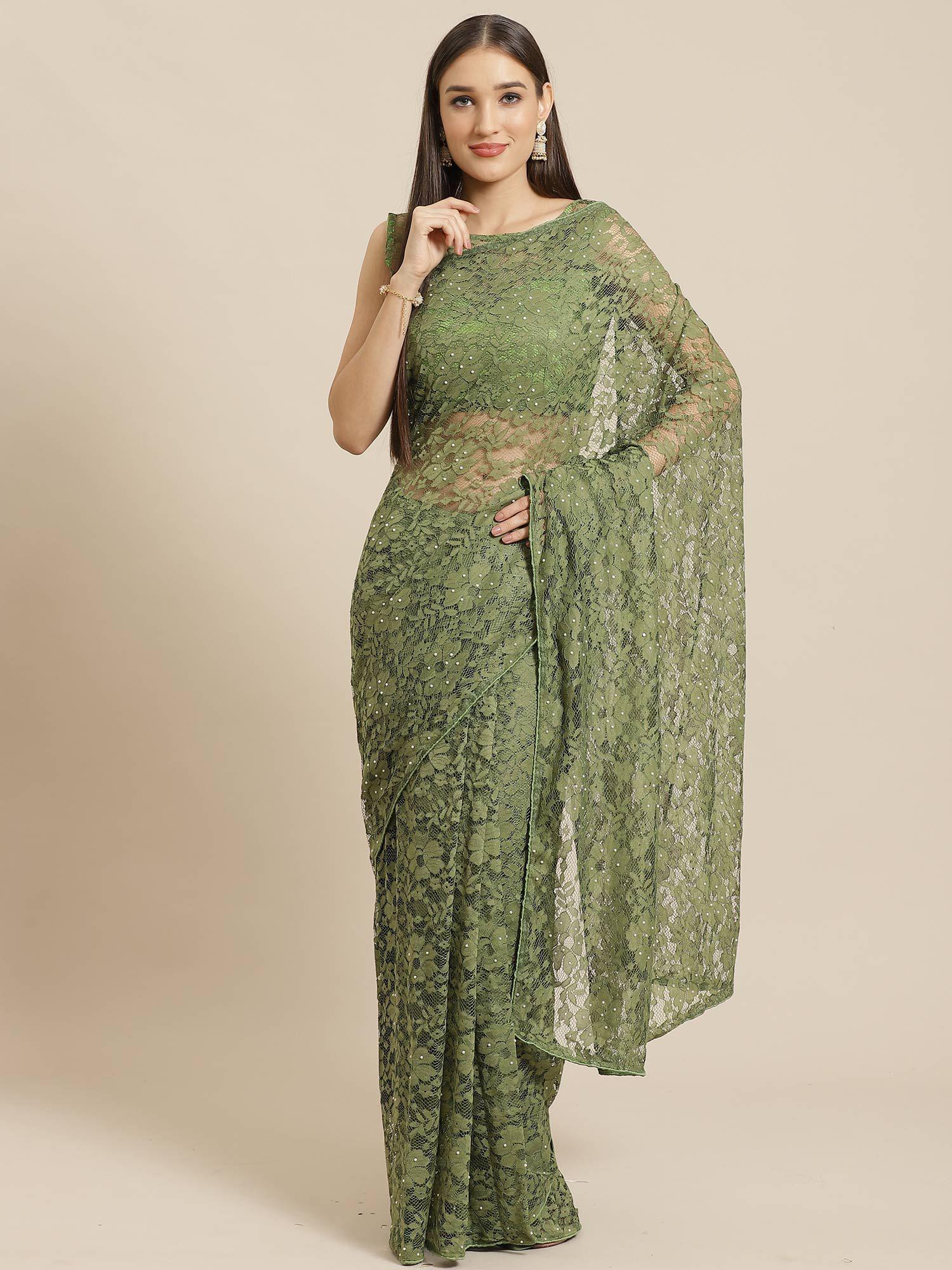 light green festive net lycra embellished saree with unstitched blouse