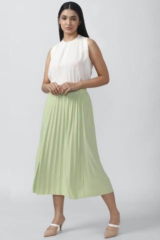 light green pleated calf-length formal women regular fit skirt