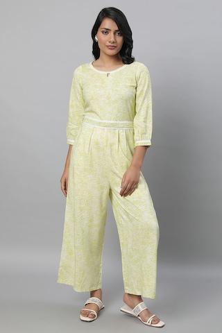 light green print key hole neck casual ankle-length 3/4th sleeves women regular fit jumpsuit